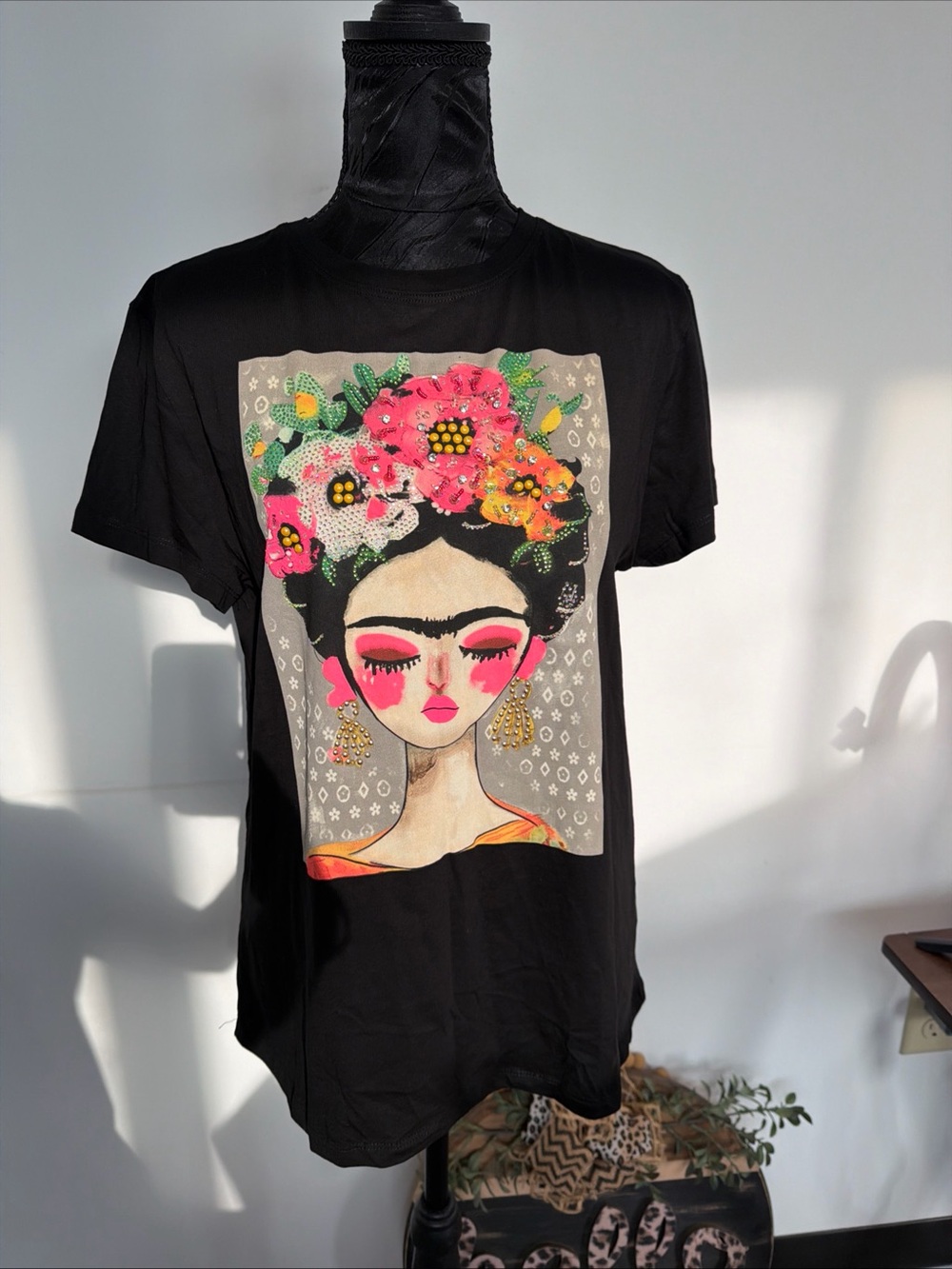 Black Women’s Graphic Tee with Floral Portrait